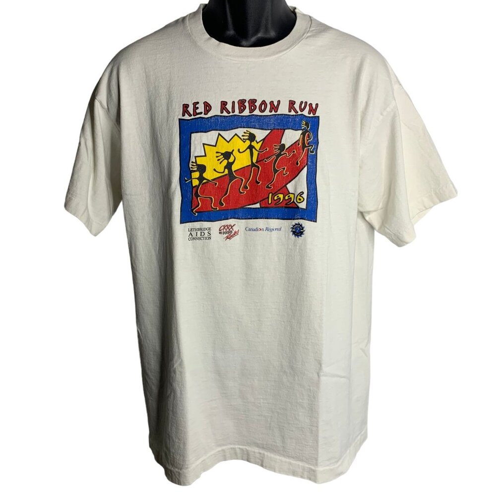Vintage 90s Red Ribbon Run Crewneck T Shirt XL White Single Stitch Short Sleeves
